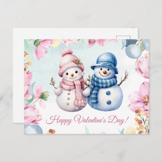 かわいい雪だるまカップルハッピーバレンタインデーカード シーズンポストカード (正面/裏面)