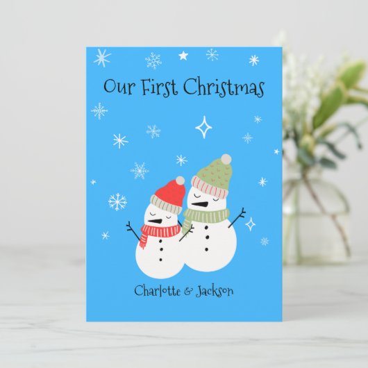かわいい雪だるまカップル初めてのクリスマスホリデイ シーズンカード (スタンド正面)