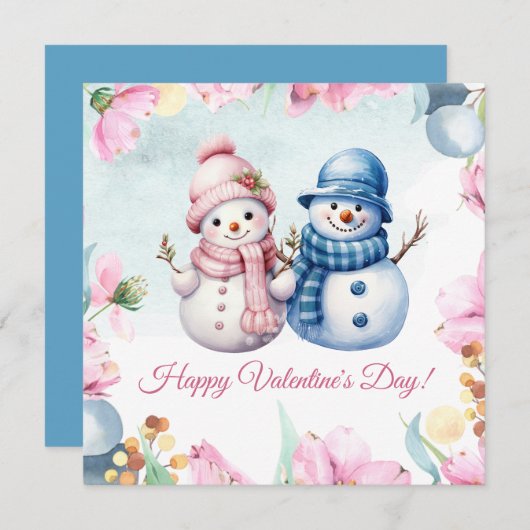 かわいい雪だるまカップル ハッピー バレンタインデー カード (正面/裏面)