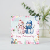かわいい雪だるまカップル バレンタインデー カード (スタンド正面)