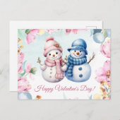 かわいい雪だるまカップル バレンタインデー カード (正面/裏面)