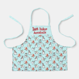 かわいい雪だるまガールズネームミントグリーン エプロン