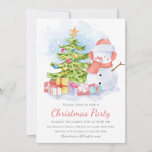 かわいい雪だるまキッズクリスマスパーティー 招待状 (正面)