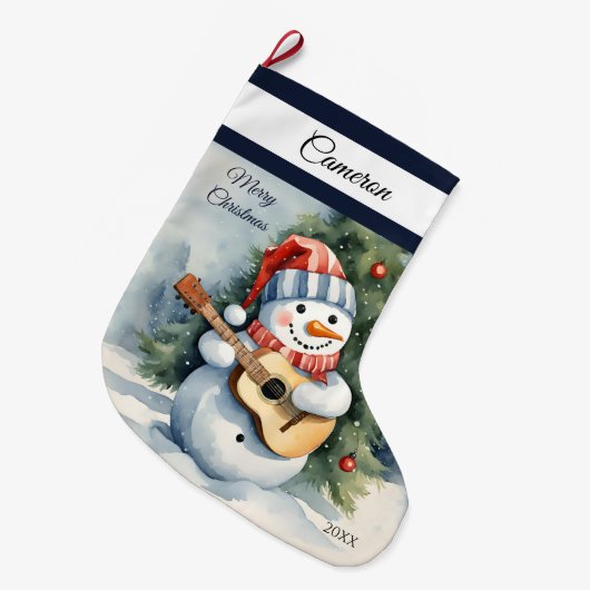 かわいい雪だるまギタパーソナライズされたー ラージクリスマスストッキング (正面 (吊り時))