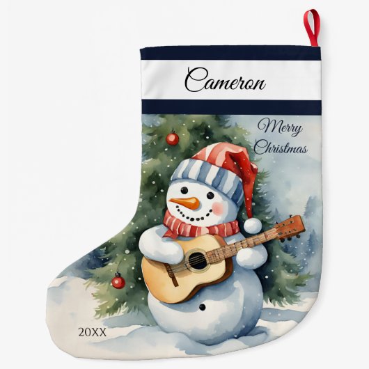かわいい雪だるまギタパーソナライズされたー ラージクリスマスストッキング (裏面)