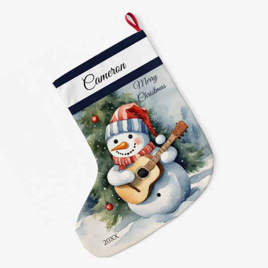 かわいい雪だるまギタパーソナライズされたー ラージクリスマスストッキング (裏面 (吊り時))