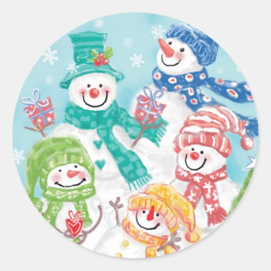 かわいい雪だるまクリスマスステッカー ラウンドシール (正面)