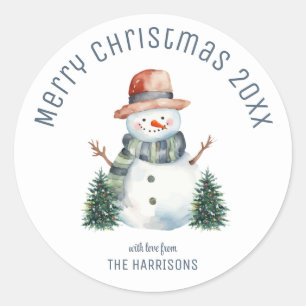 かわいい雪だるまクリスマスツリー冬のクリスマス ラウンドシール