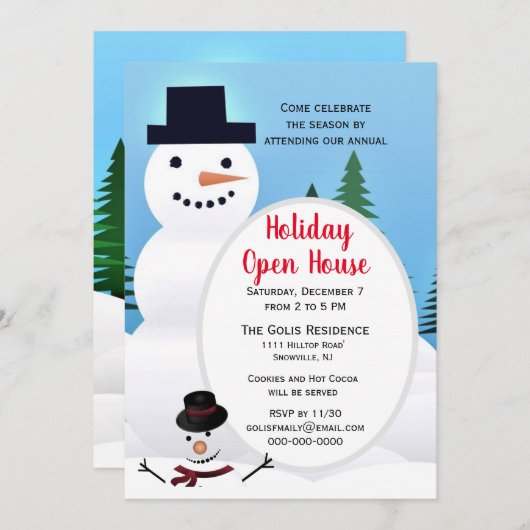 かわいい雪だるまクリスマスホリデーオープンハウス 招待状 (正面/裏面)