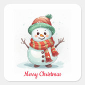 かわいい雪だるまクリスマス スクエアシール (正面)