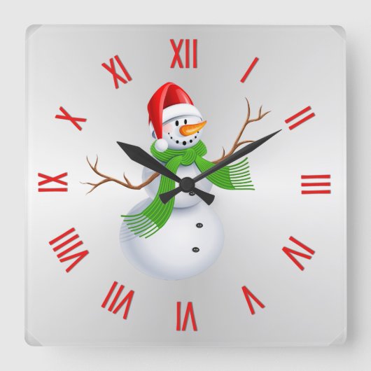 かわいい雪だるまクリスマスwローマ数字 スクエア壁時計 (正面)