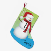 かわいい雪だるまサンタ帽をかぶったパーソナライズされた スモールクリスマスストッキング (正面 (吊り時))