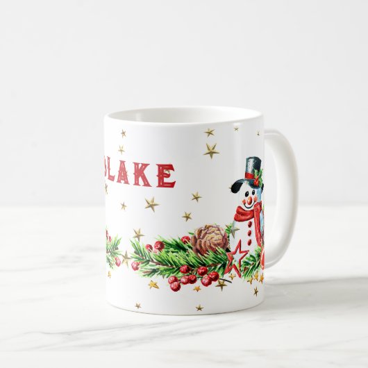 かわいい雪だるまスター名前をカスタムするクリスマスマグ コーヒーマグカップ (正面右)