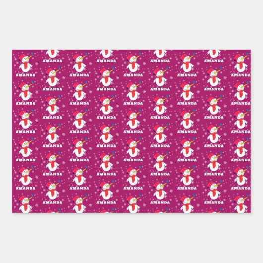 かわいい雪だるまスノーフレークとキッズクリスマス ラッピングペーパーシート (正面3)