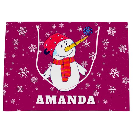 かわいい雪だるまスノーフレークとキッズクリスマス ラージペーパーバッグ (正面)