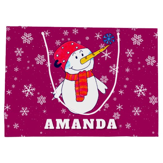 かわいい雪だるまスノーフレークとキッズクリスマス ラージペーパーバッグ (裏面)