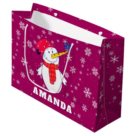 かわいい雪だるまスノーフレークとキッズクリスマス ラージペーパーバッグ (正面アングル)