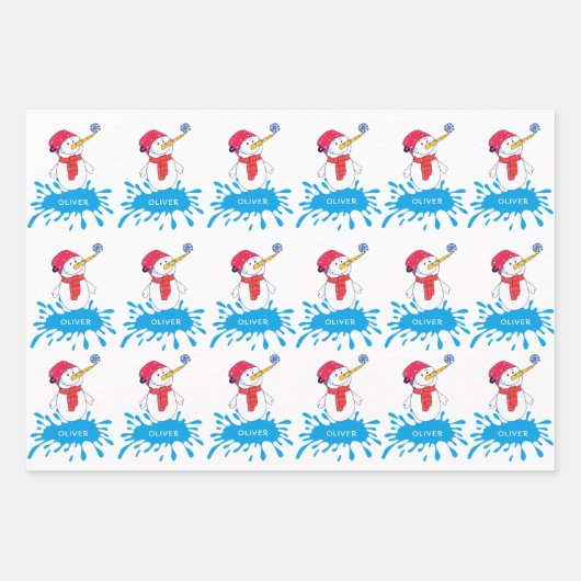 かわいい雪だるまスノーフレーク・キッズネーム休日 ラッピングペーパーシート (正面3)