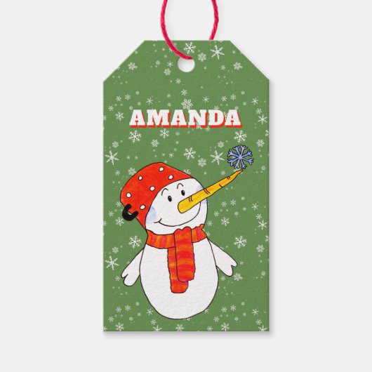 かわいい雪だるまスノーフレークkidの名前クリスマス ギフトタグ (正面)