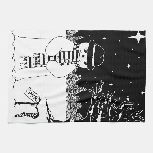 かわいい雪だるまデザイン白黒クリスマス キッチンタオル (横)