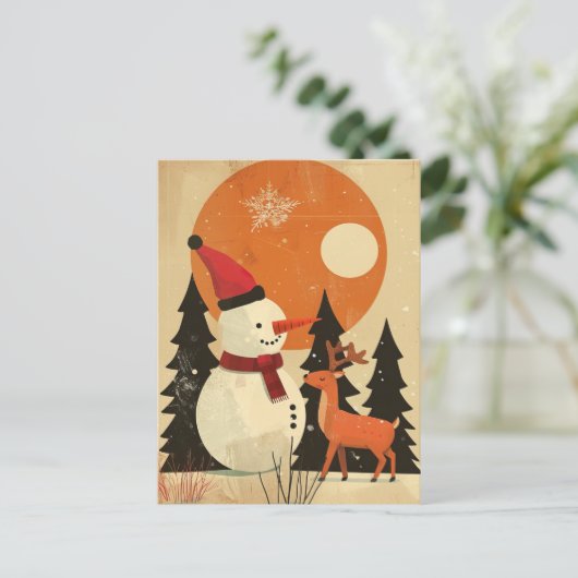 かわいい雪だるまトナカイレトロミッドセンチュリークリスマス ポストカード (スタンド正面)