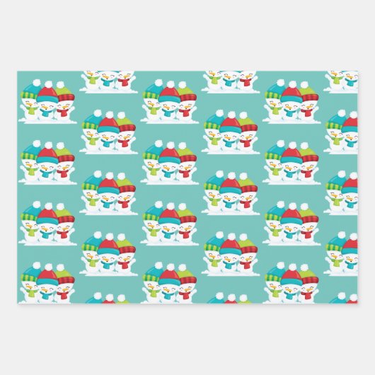 かわいい雪だるまトリオクリスマス ラッピングペーパーシート (正面3)