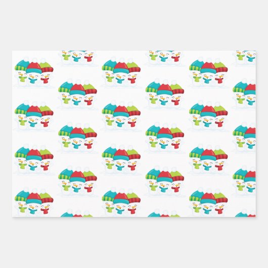 かわいい雪だるまトリオクリスマス ラッピングペーパーシート (正面2)