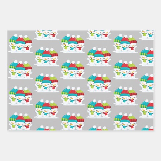 かわいい雪だるまトリオクリスマス ラッピングペーパーシート (正面)