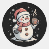 かわいい雪だるまドリンクコーヒーウィンタースノーフレーククリスマス ラウンドシール (正面)
