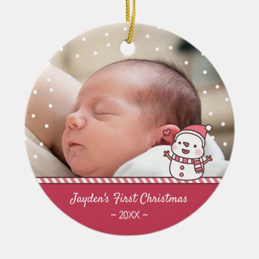かわいい雪だるまドードルベビーの初めてのクリスマス写真 セラミックオーナメント (正面)