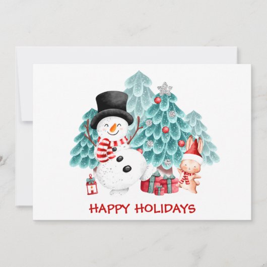 かわいい雪だるまバニー&クリスマスツリーホリデーカード 案内状 (正面)