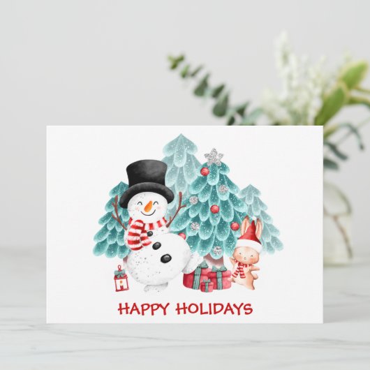 かわいい雪だるまバニー&クリスマスツリーホリデーカード 案内状 (スタンド正面)