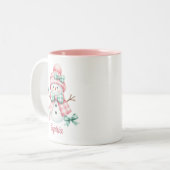 かわいい雪だるまピンクグリーンパーソナライズされたマグカップ ツートーンマグカップ (正面左)