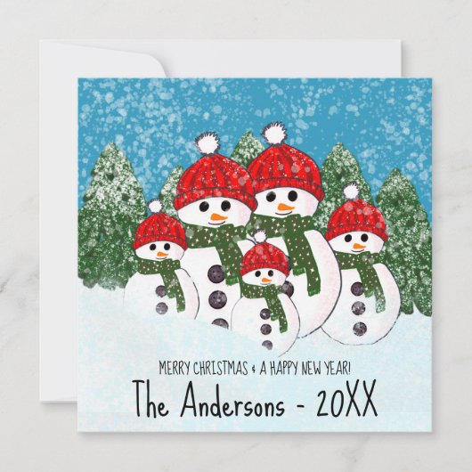 かわいい雪だるまファミリーオブファイブホリデーカード (正面)