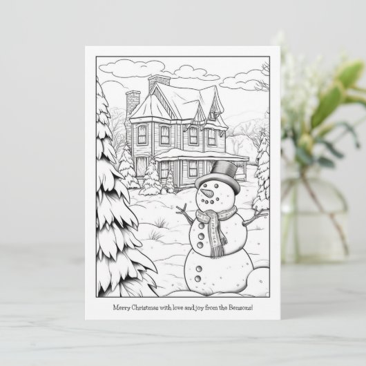 かわいい雪だるまファミリーハウスアート塗り絵クリスマス シーズンカード (スタンド正面)