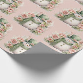 かわいい雪だるまフローラピンククリスマスホリデー ラッピングペーパー (角)