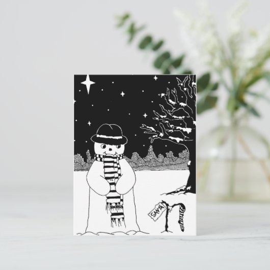 かわいい雪だるまブラック&ホワイトクリスマスイラストレーション シーズンポストカード (スタンド正面)