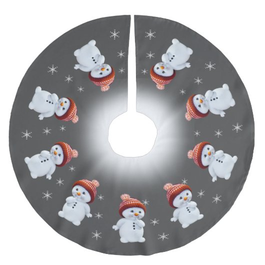 かわいい雪だるまマンダラ&グレーの雪片 ブラッシュドポリエステルツリースカート (正面)