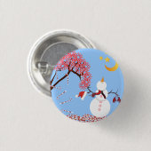 かわいい雪だるまムーンボタンを見上げる 缶バッジ (正面&裏面)