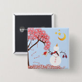 かわいい雪だるまムーンボタンを見上げる 缶バッジ (正面&裏面)