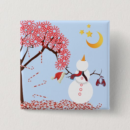 かわいい雪だるまムーンボタンを見上げる 缶バッジ (正面)