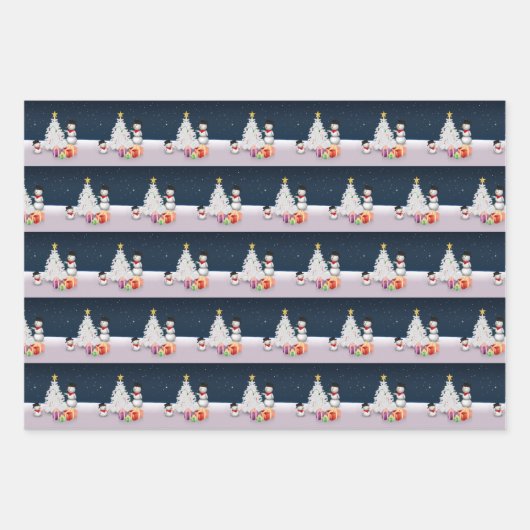 かわいい雪だるまメリークリスマスツリー雪 ラッピングペーパーシート (正面)