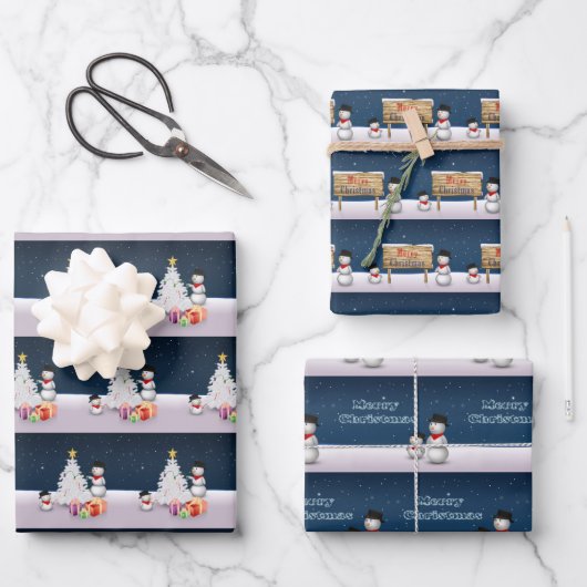 かわいい雪だるまメリークリスマスツリー雪 ラッピングペーパーシート (正面)