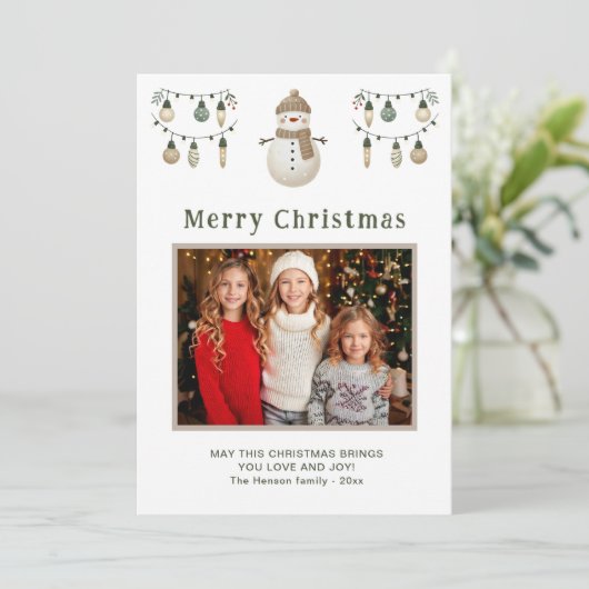 かわいい雪だるまメリークリスマスファミリー写真 シーズンカード (スタンド正面)