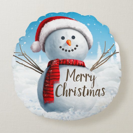 かわいい雪だるまメリークリスマスラウンドピロー ラウンドクッション (正面)