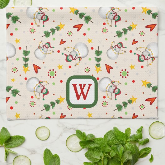 かわいい雪だるまモノグラムイニシャルクリスマス キッチンタオル (折り畳み)