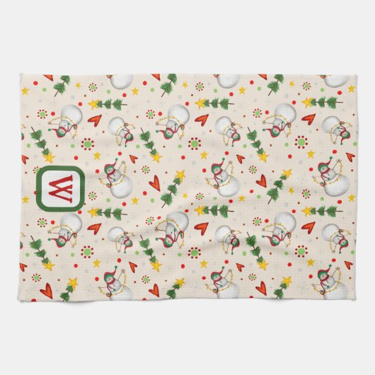 かわいい雪だるまモノグラムイニシャルクリスマス キッチンタオル (横)
