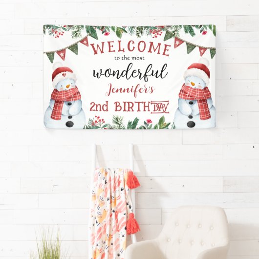 かわいい雪だるま冬のクリスマス2nd誕生日パーティー 横断幕 (インサイチュ)