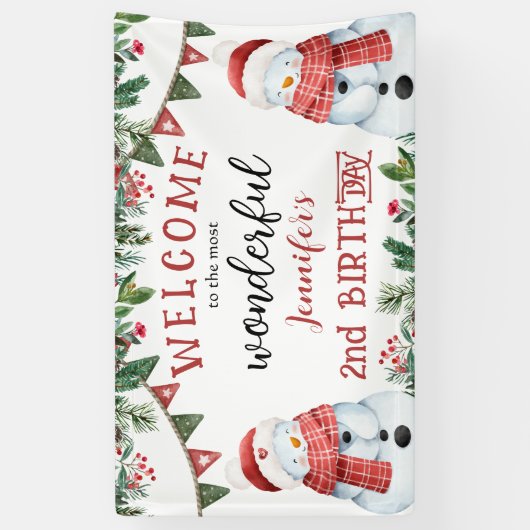 かわいい雪だるま冬のクリスマス2nd誕生日パーティー 横断幕 (縦)