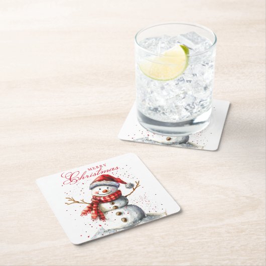 かわいい雪だるま冬の水の色メリークリスマス スクエアペーパーコースター (インサイチュ)